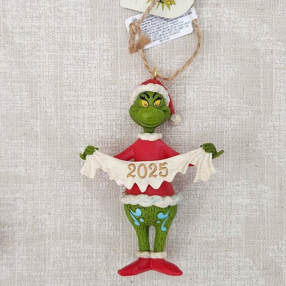 Jim Shore Grinch 2025 Ornament - New NWT - Grinch Holding Banner Dated 2025 - Picture 1 of 4